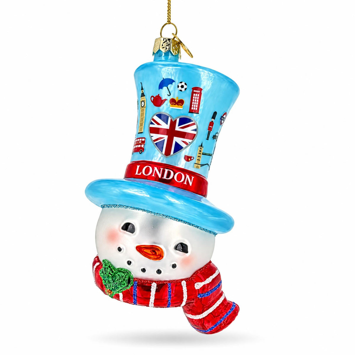 London UK Snowman Head With Blue Top Hat Glass Christmas Ornament