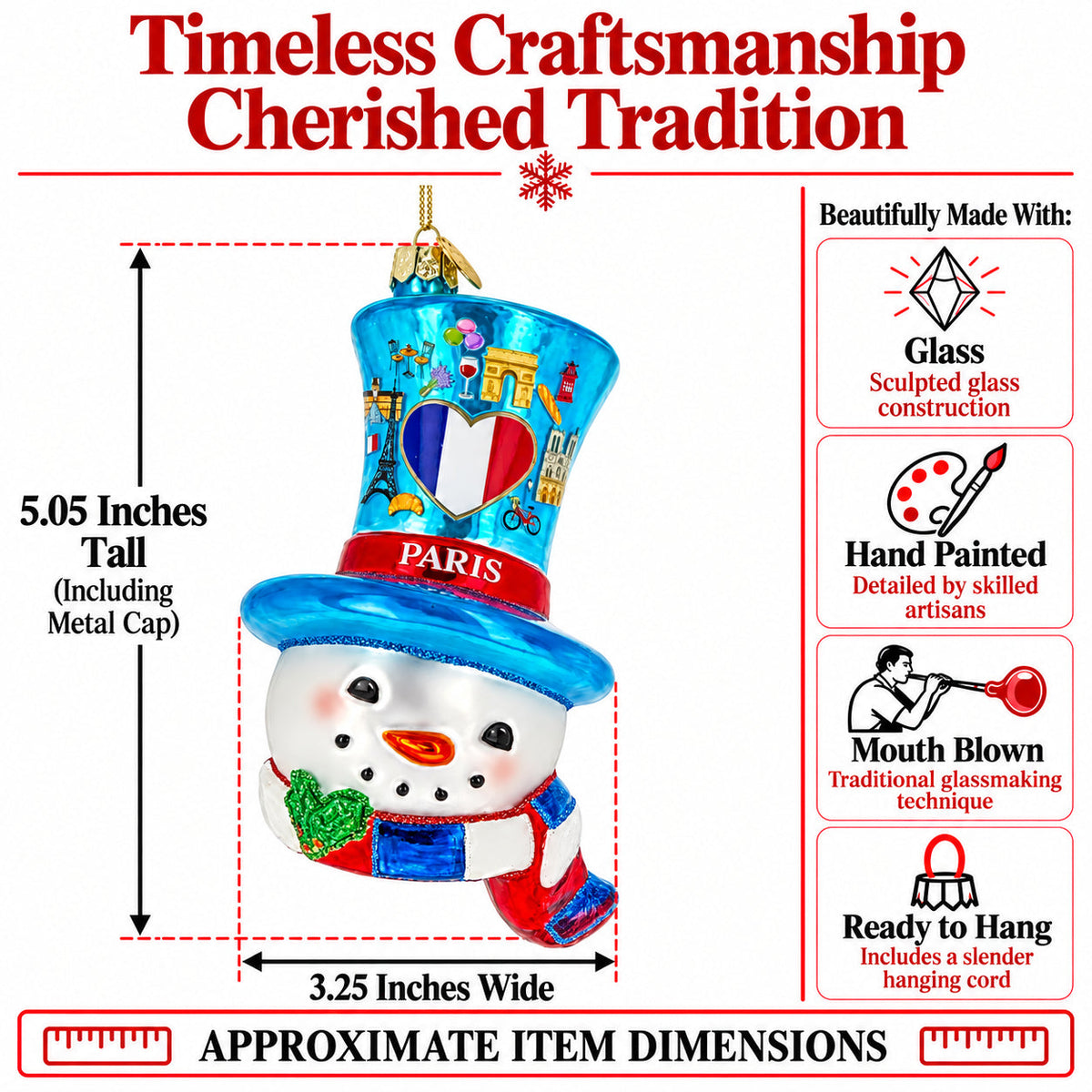 Paris France Theme Snowman Head Blue Top Hat Glass Christmas Ornament