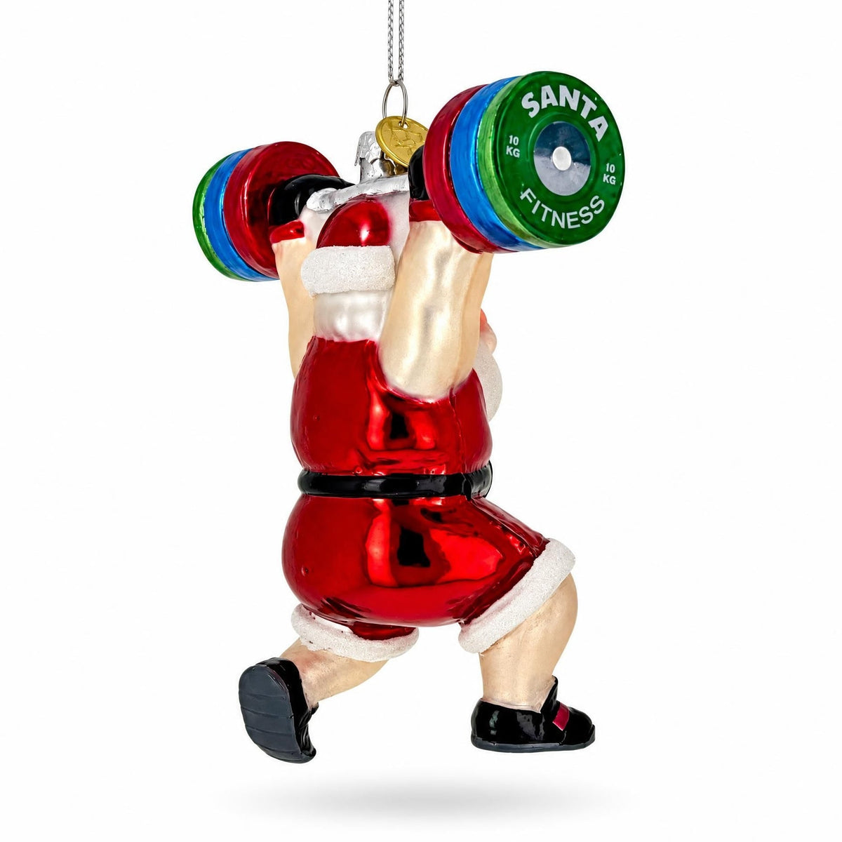 Weightlifting Santa Claus Gym Barbell Glass Christmas Ornament