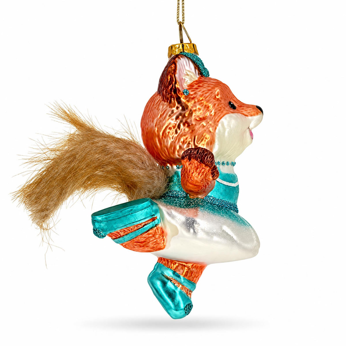 Dancing Fox Ballerina Blue Tutu Furry Tail Glass Christmas Ornament