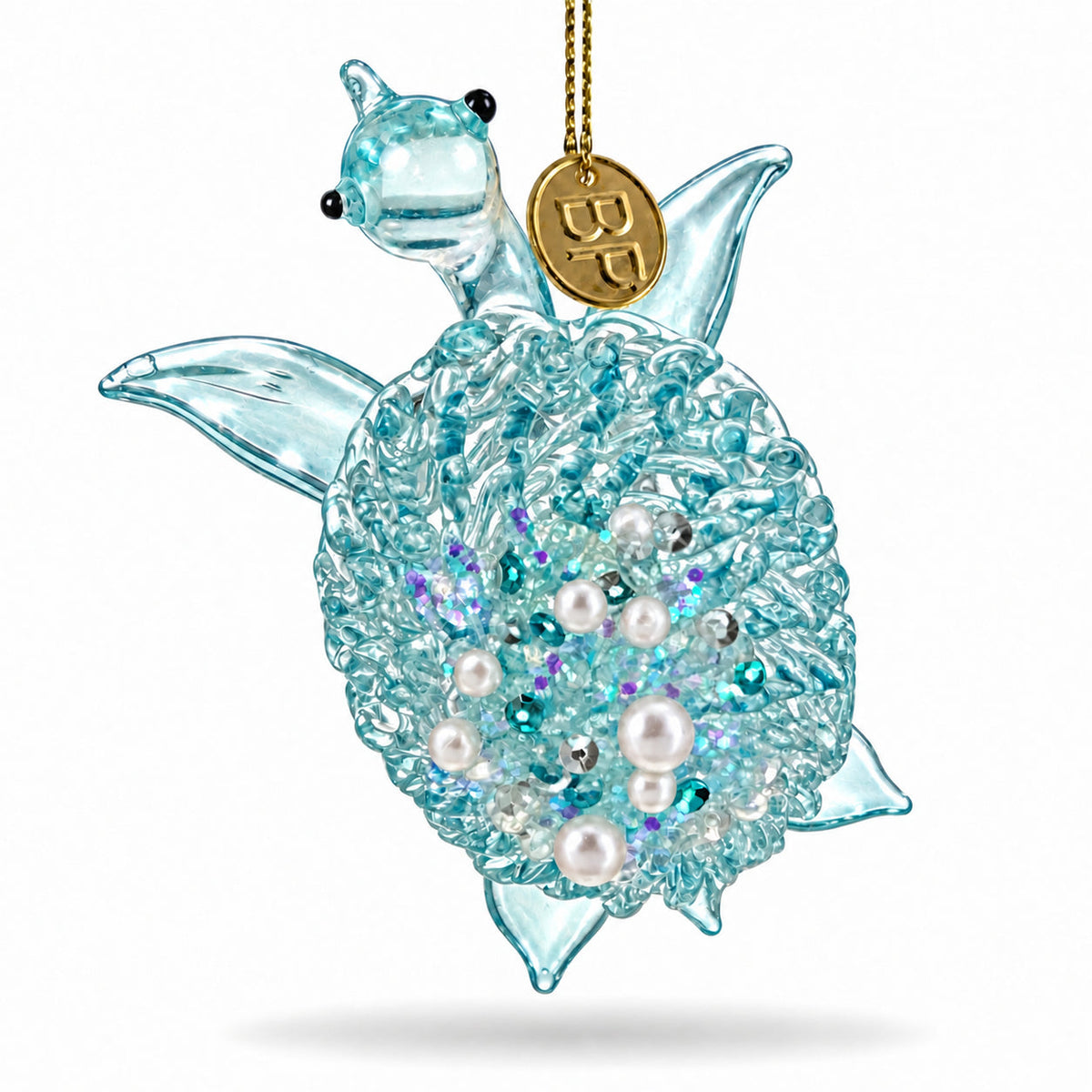 Light Blue Beaded Glass Sea Turtle Christmas Ornament