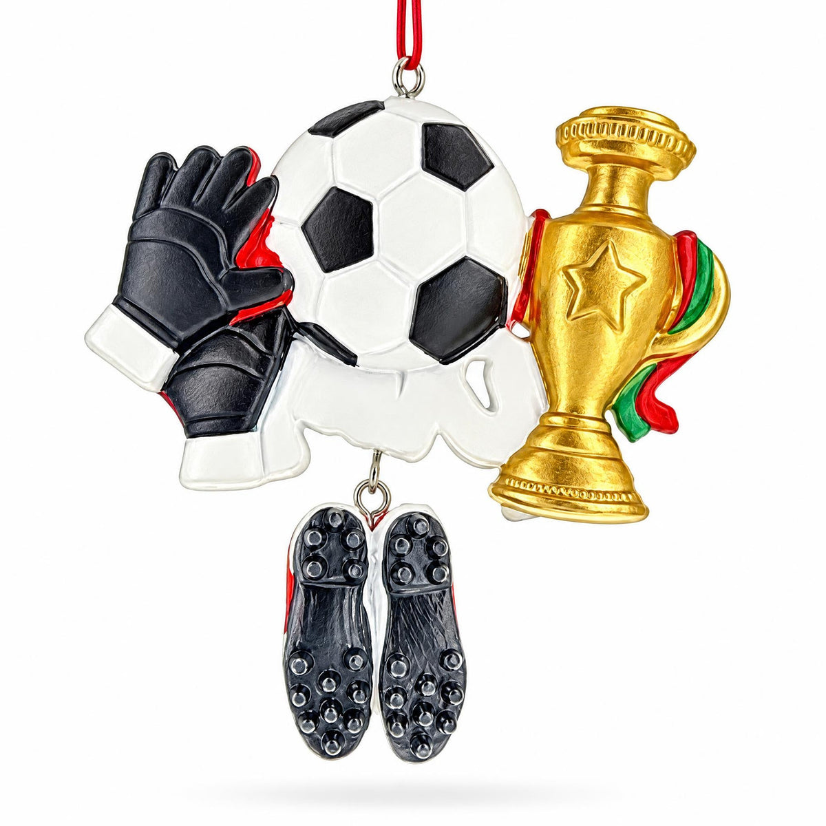 Born To Play Soccer Ball Cleats Trophy and Gloves Resin Christmas Ornament