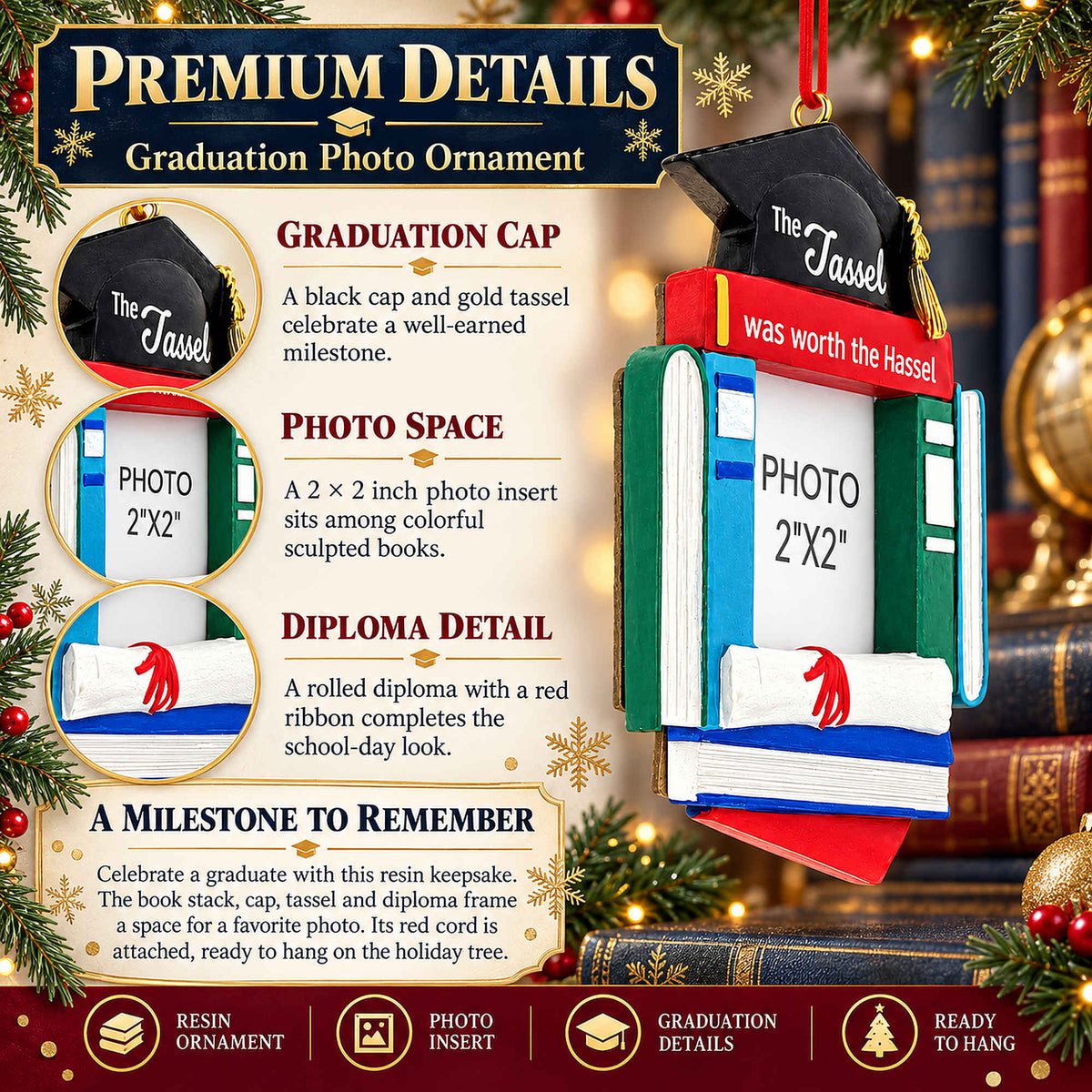 Graduation Cap Diploma and Books Picture Frame Resin Christmas Ornament