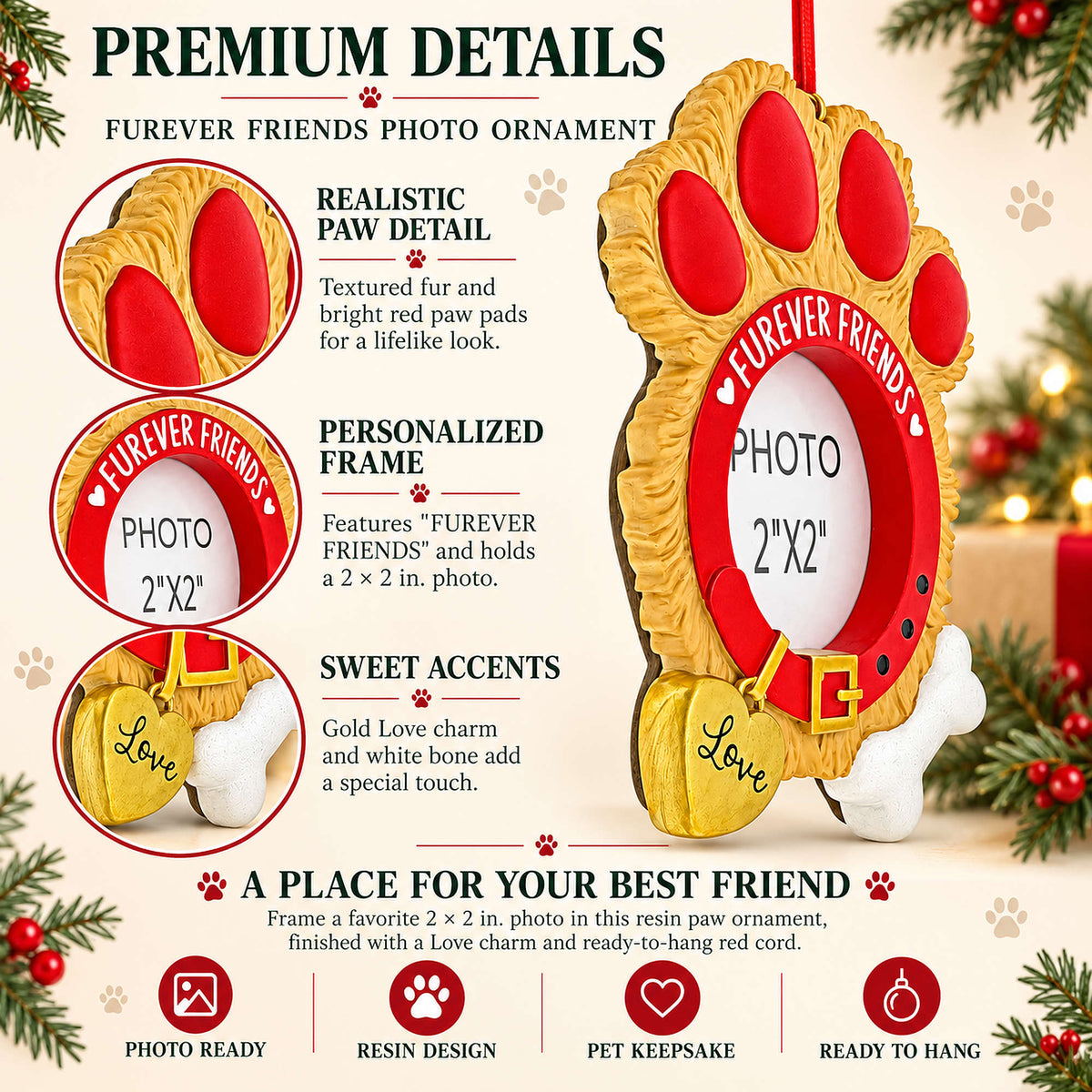Dog Collar Paw Print Picture Frame Resin Christmas Ornament