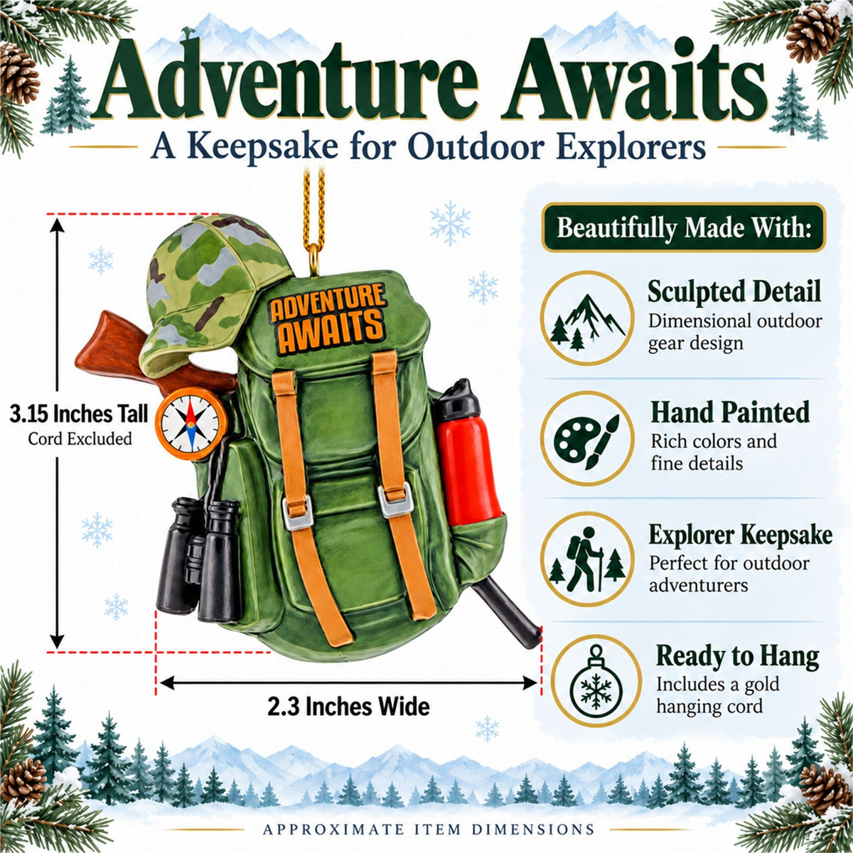 Hiking Camping Adventure Backpack Camo Binoculars Resin Christmas Ornament