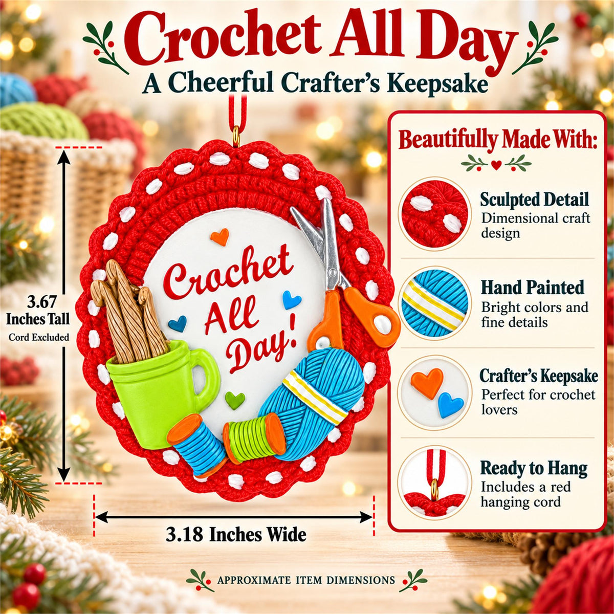 Crafter Hobby Crochet All Day Yarn Resin Christmas Ornament