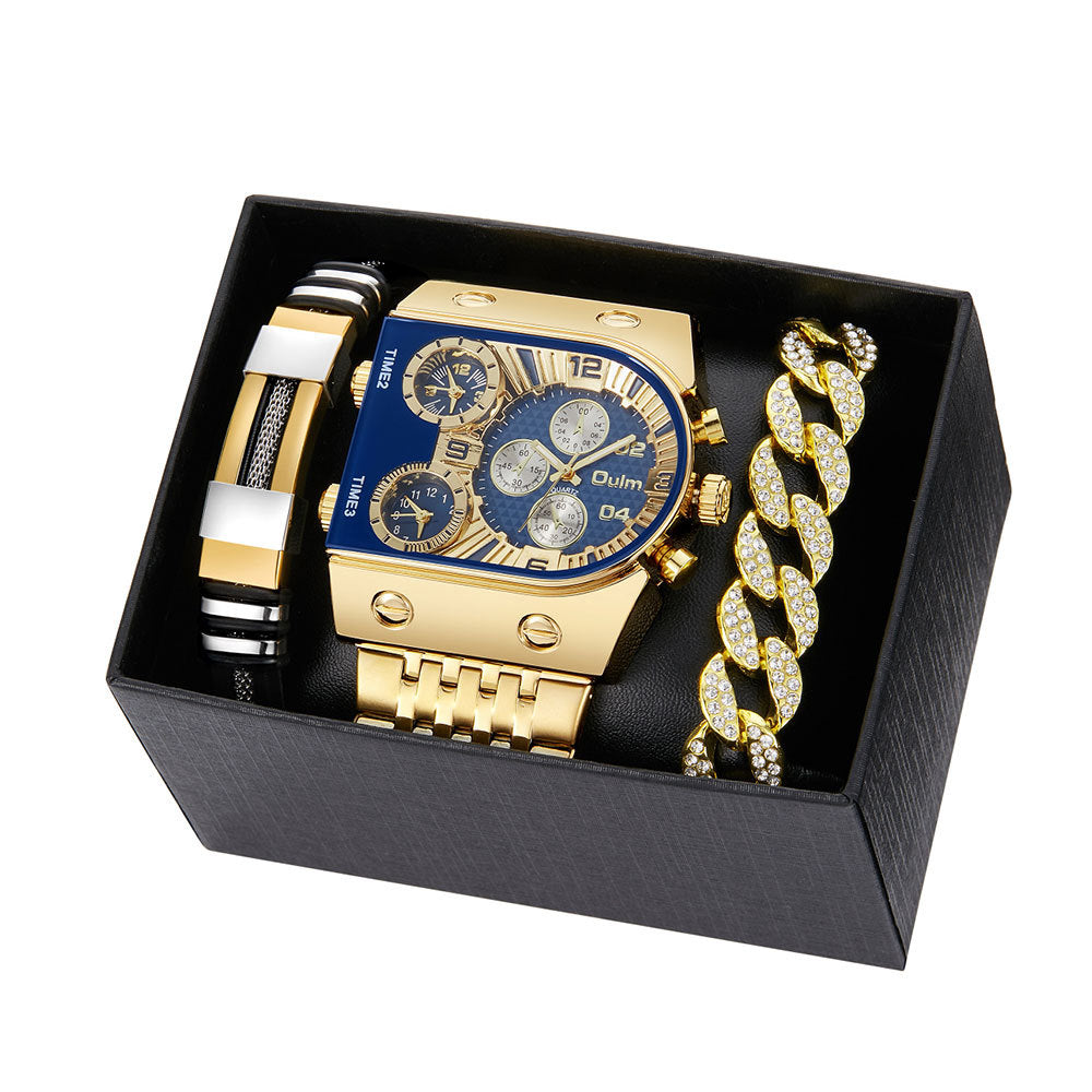Multi-timezone Large-dial Luminous Men's Watch With Steel Strapcasual Cross-border Quartz Wristwatch