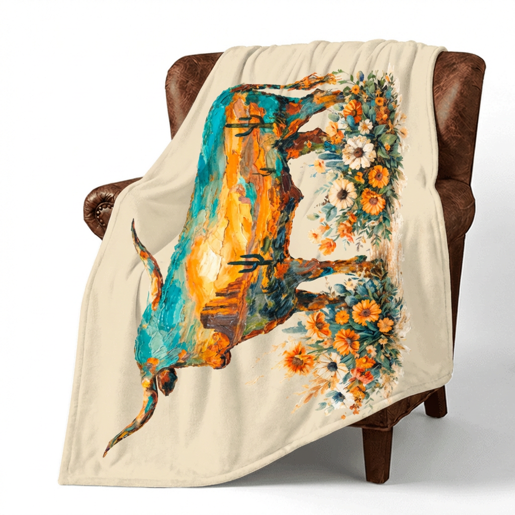Baha Ranch Painted Longhorn Throw Blanket 60" x 80" Made in America