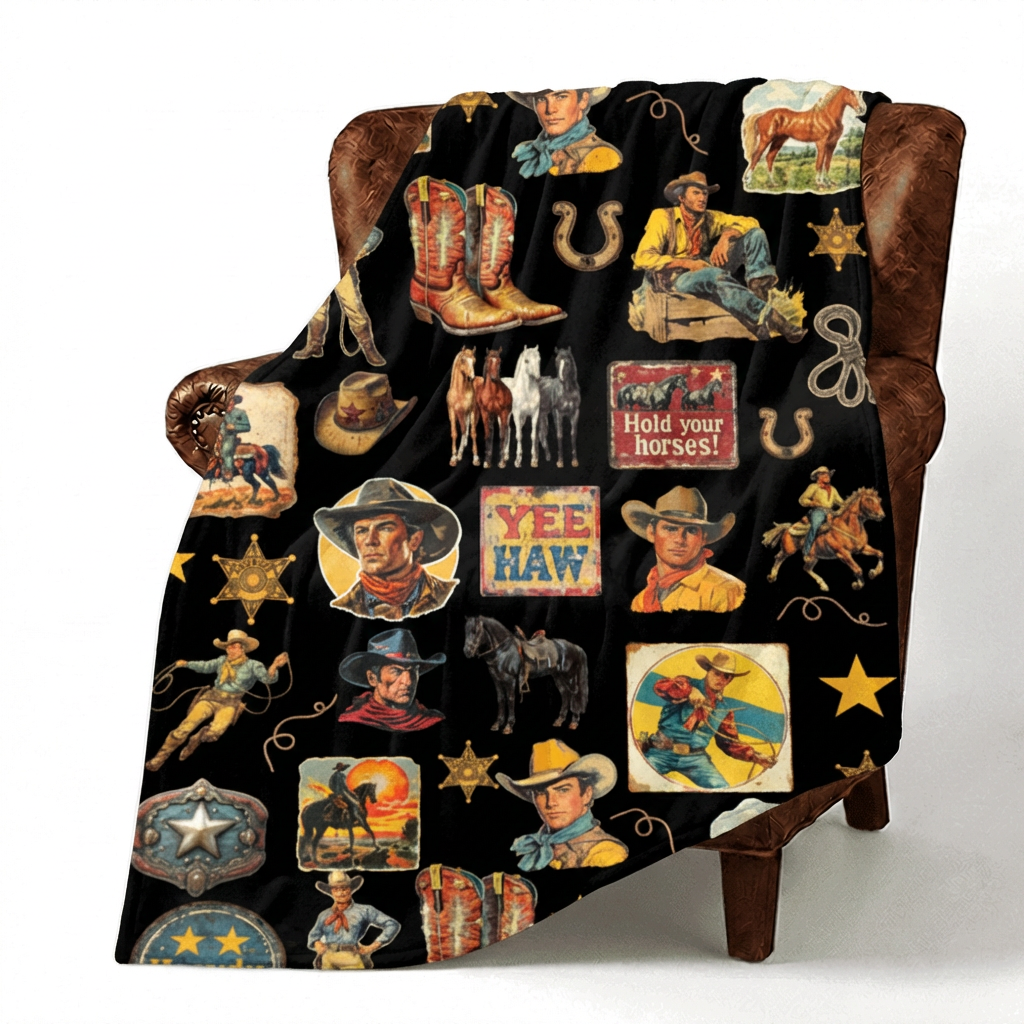 Baha Ranch Vintage Cowboy Collage Western Ultra Soft Minky Throw Blanket 60" x 80" Made in America