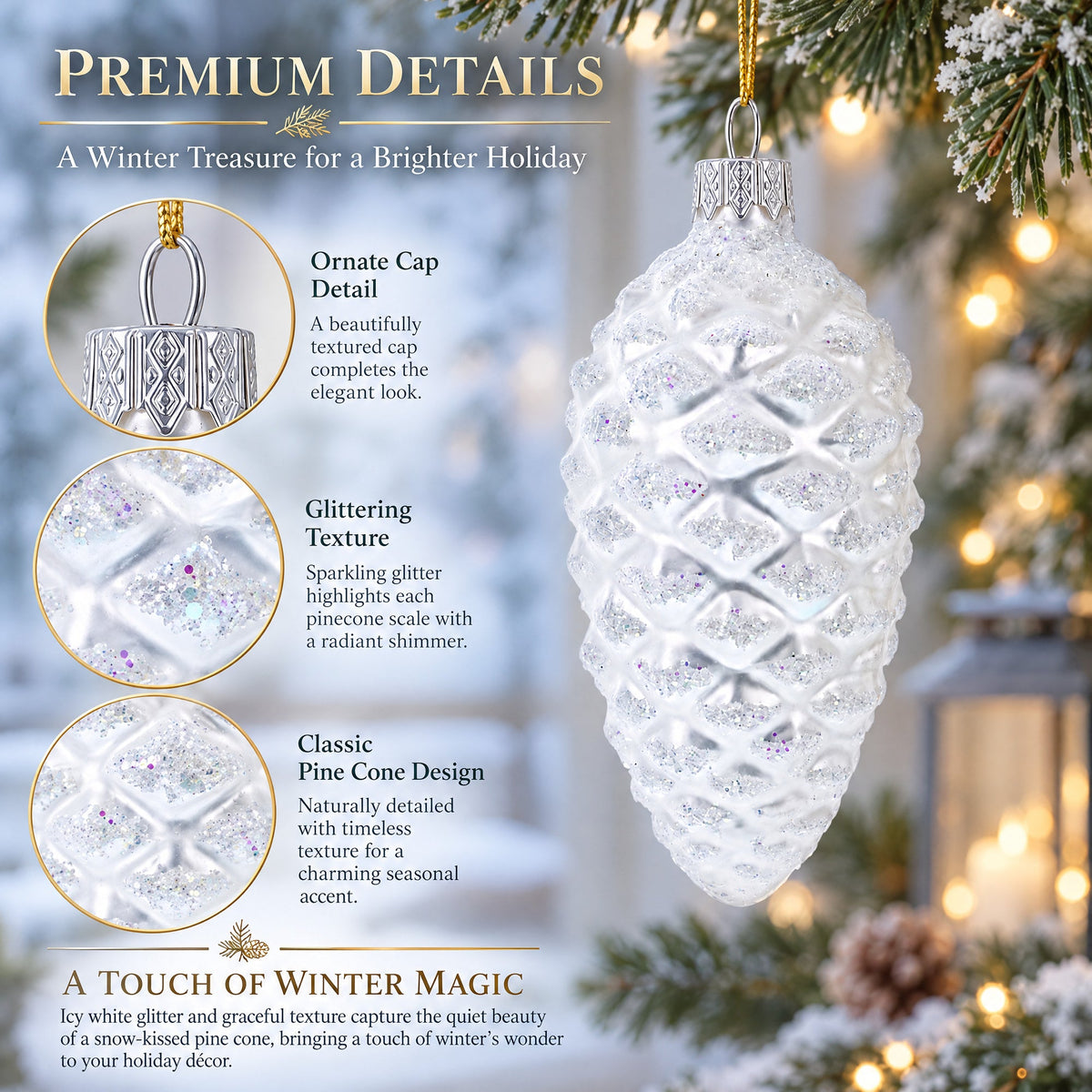 Woodland Retro Style White Pinecone Glass Christmas Ornament