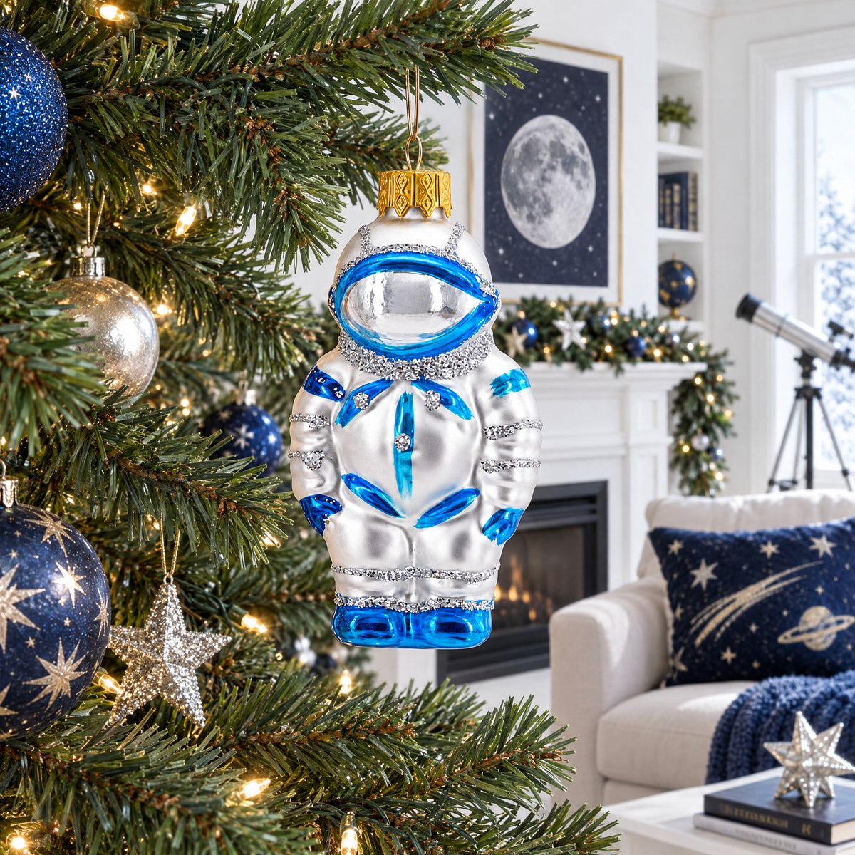 Astronaut in Blue Spacesuit Glass Christmas Ornament