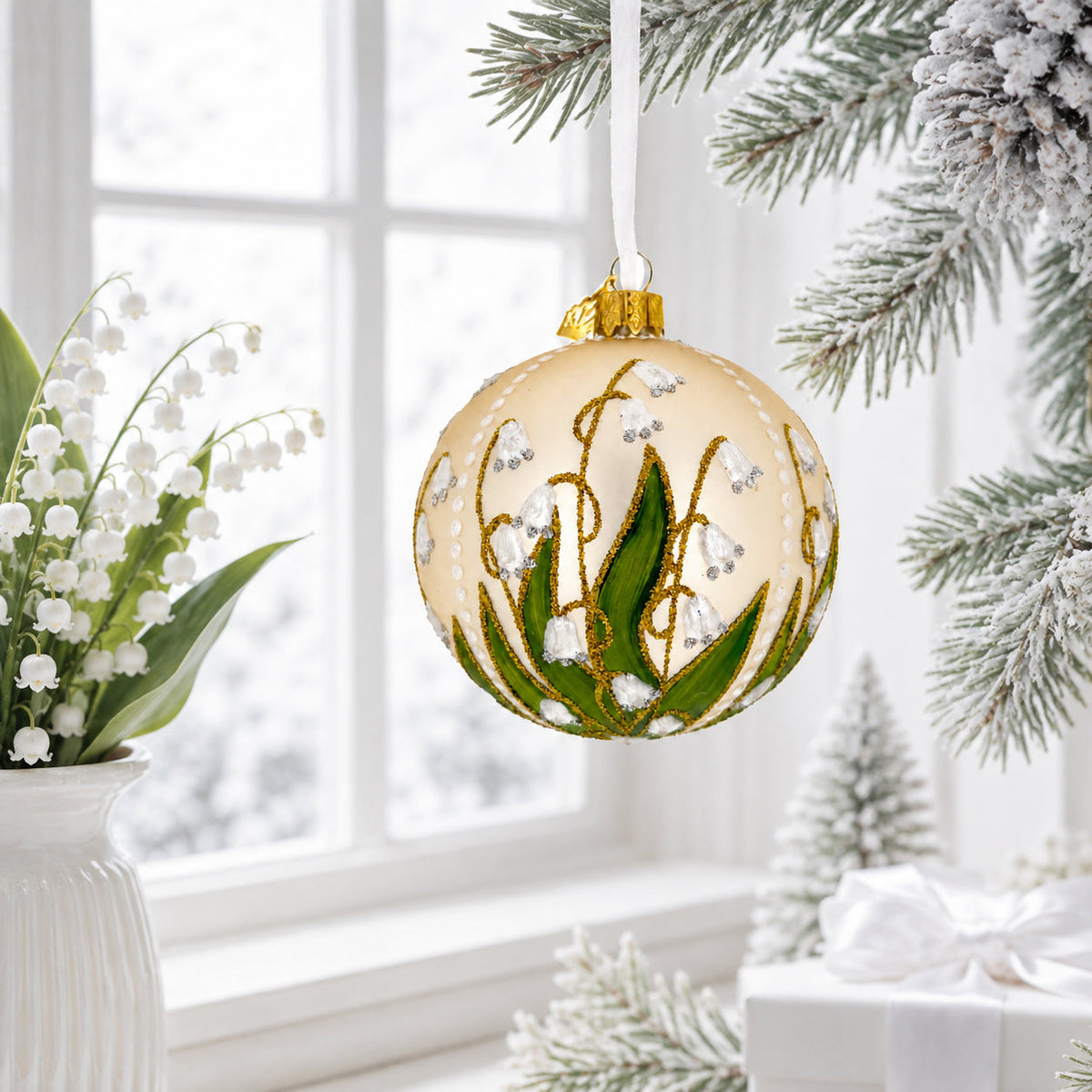 Lily of the Valley on Silver Glass Ball Christmas Ornament