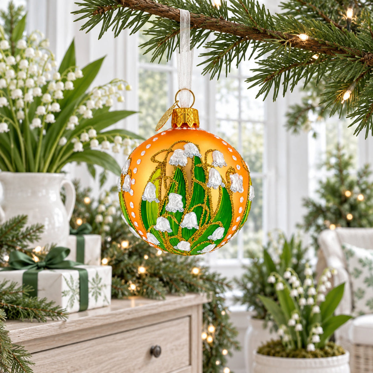 Lily of the Valley on Gold Glass Ball Christmas Ornament