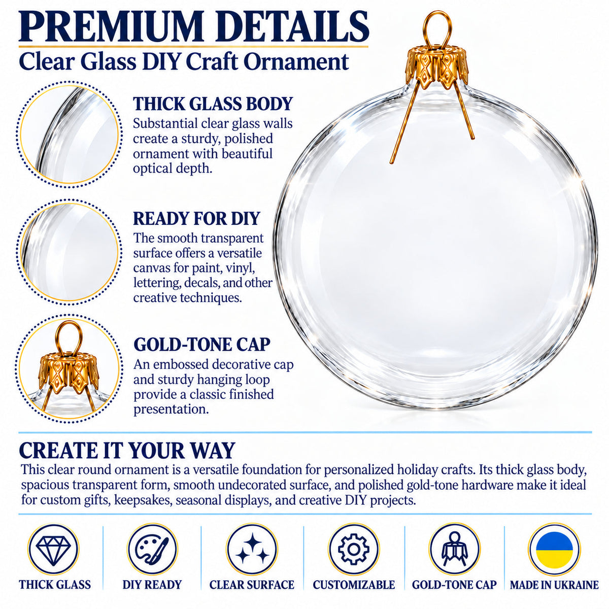 Set of 4 Clear Glass Ball Christmas Ornaments Thick Glass 4 Inches (015)