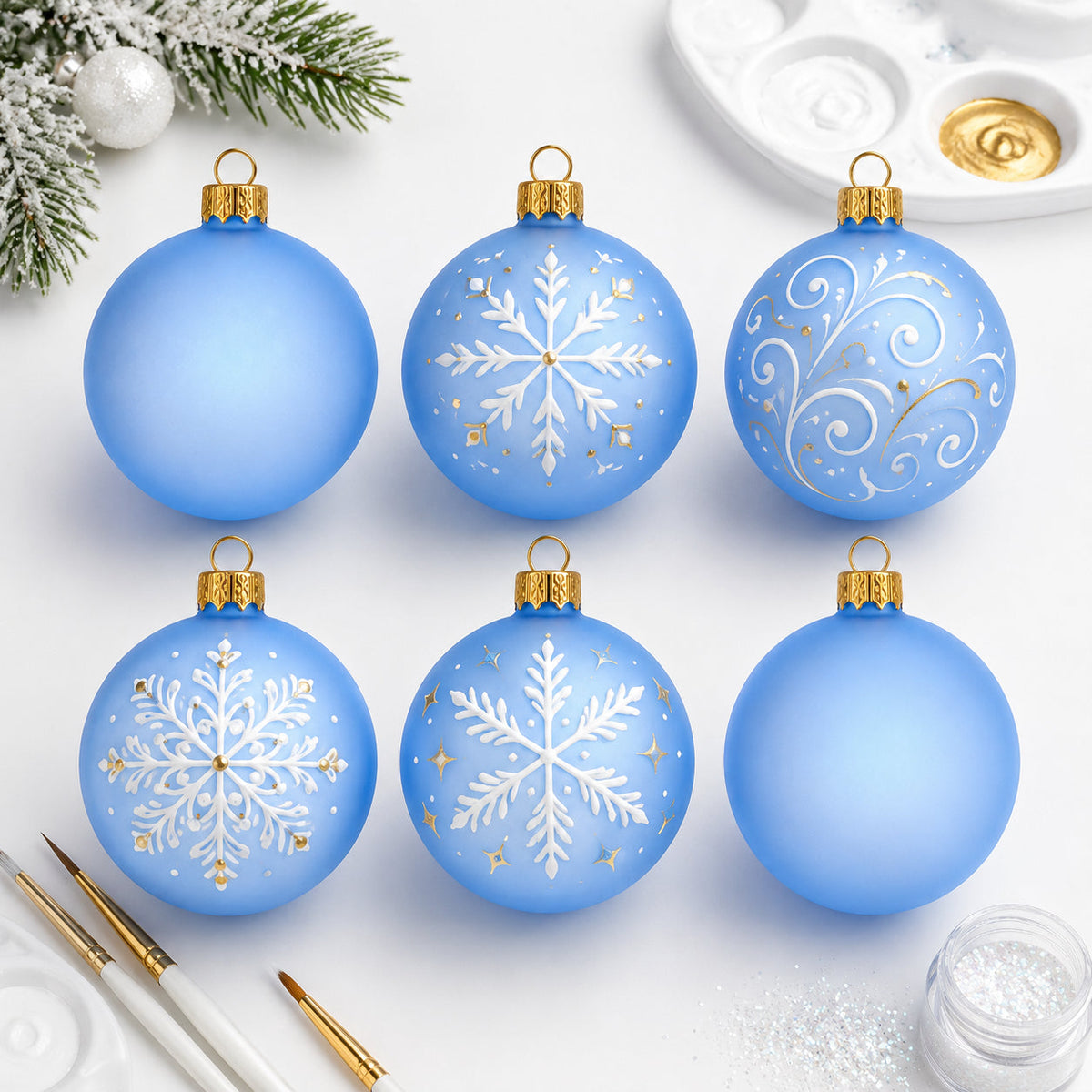 Set of 6 Translucent Light Blue Glass Ball Christmas Ornaments (029)