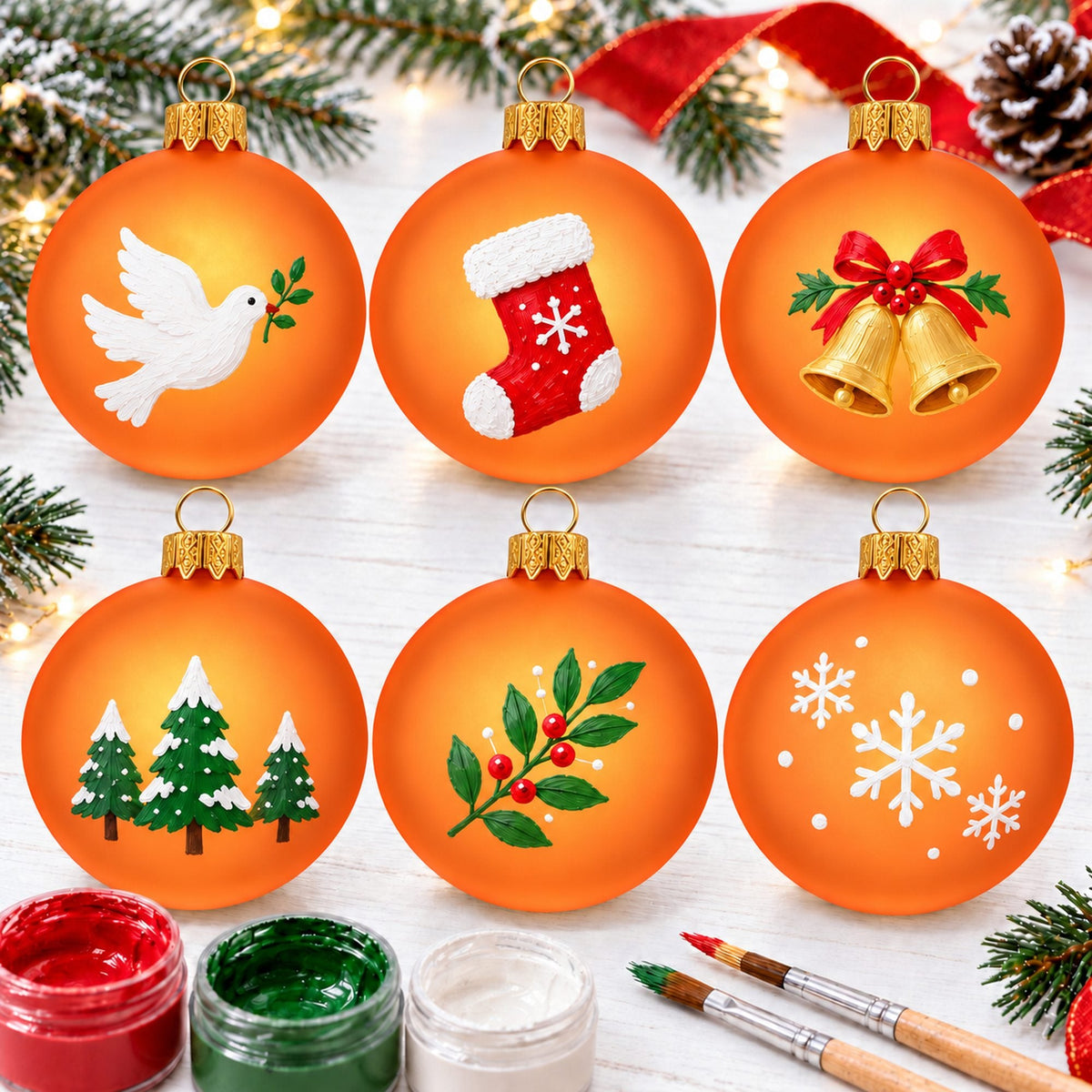 Set of 6 Translucent Orange Glass Ball Christmas Ornaments 3.25 Inches (051)