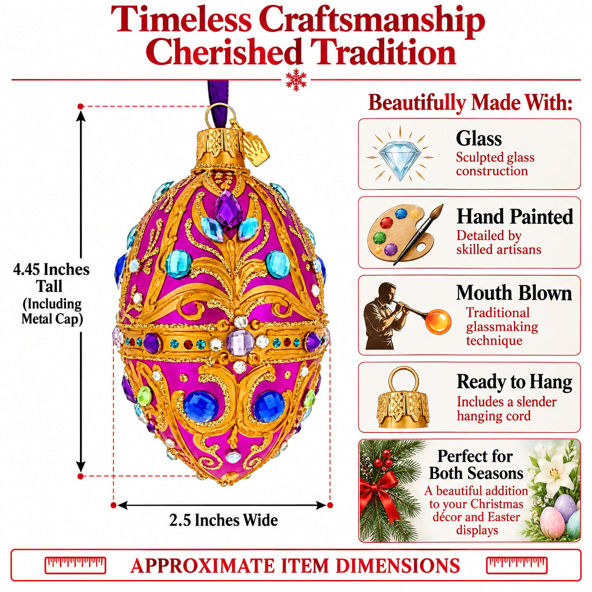 Magenta Purple Jeweled Glitter Scrollwork Glass Egg Christmas Ornament