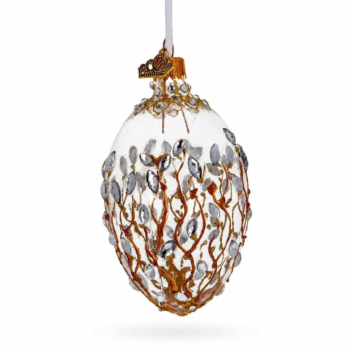 Clear Jeweled Tree Branch Glass Egg Christmas Ornament