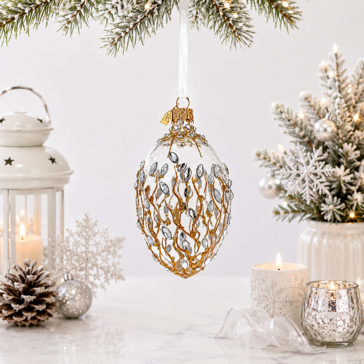 Clear Jeweled Tree Branch Glass Egg Christmas Ornament