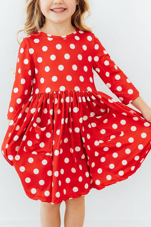 Red Polka Dots 3/4 Sleeve Pocket Twirl Dress