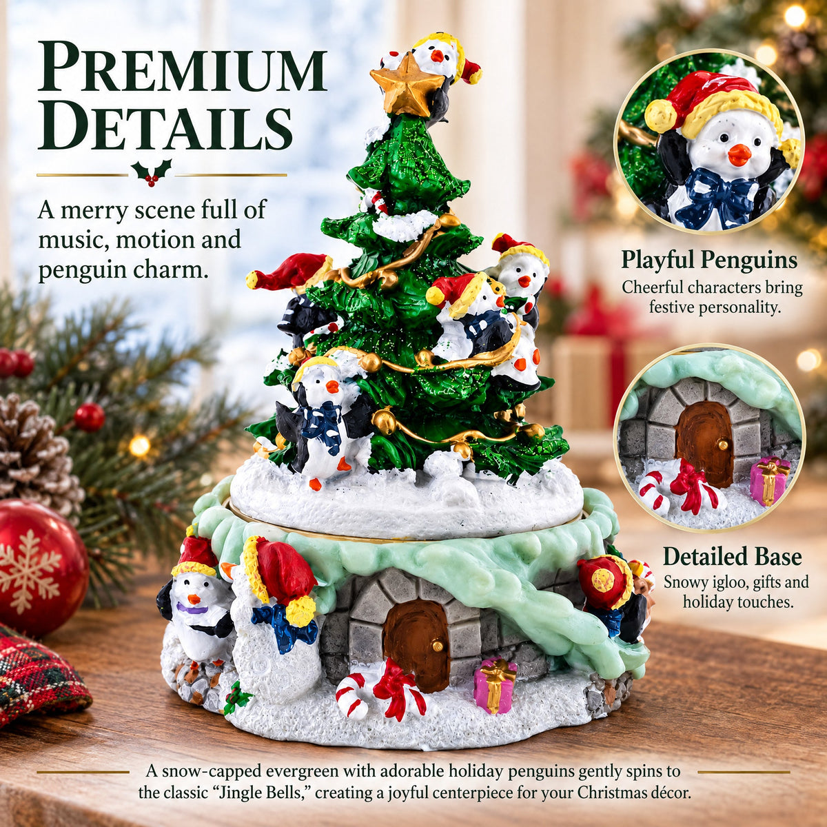 Animated Musical Penguin Christmas Tree Figurine - Rotating Music Box