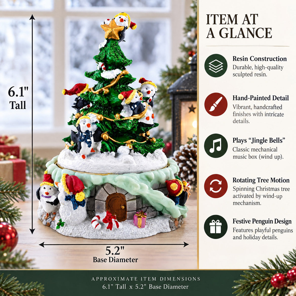 Animated Musical Penguin Christmas Tree Figurine - Rotating Music Box