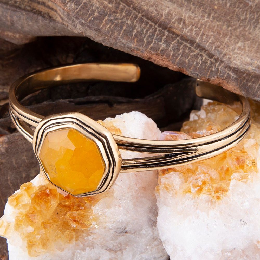 River Rocks Yellow Quartz and Golden Cuff Bracelet