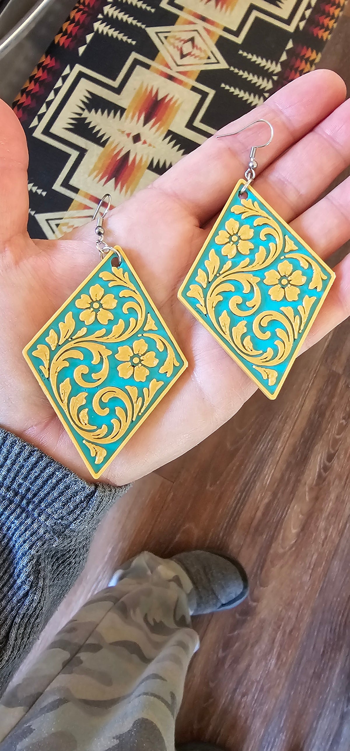 3D Print Western Tooled Mustard Gold on Turquoise Earrings Made in America