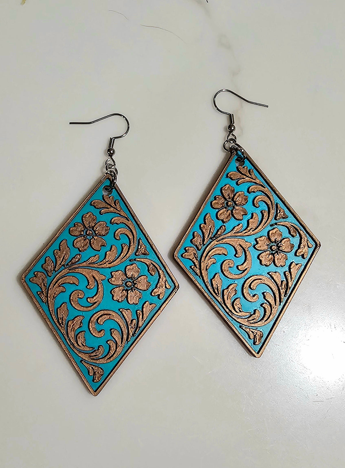 3D Print Western Tooled Bronze-Copper Turquoise Earrings Made in America