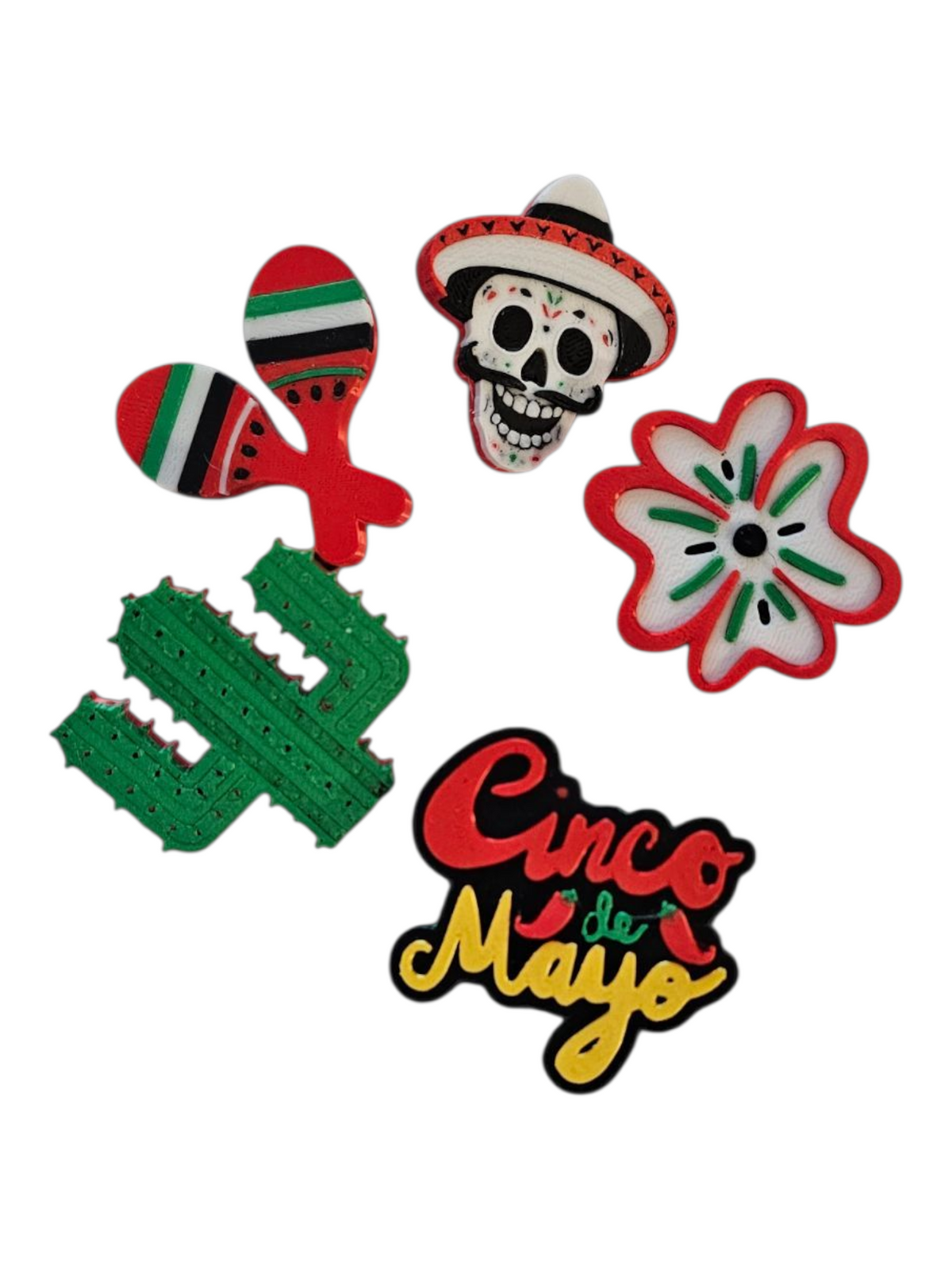 Set of 5 - 3D Print Mexico Cinco de Mayo Cactus Mariachi Sugar Skull Pins Made in America