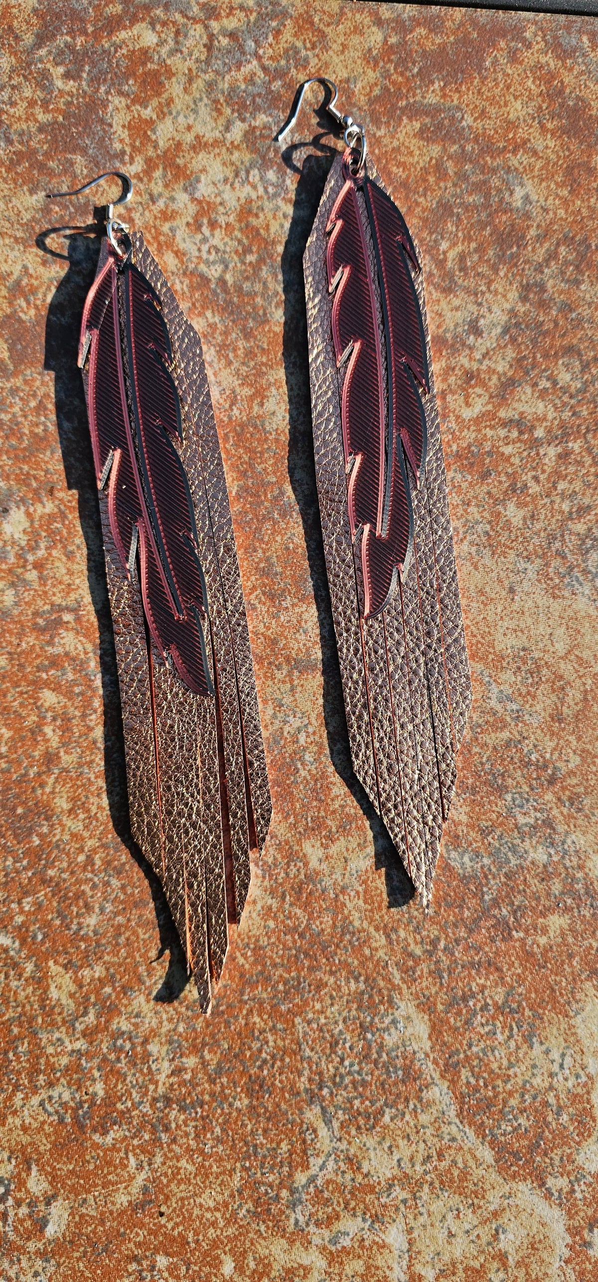 3D Printed Feather Leather Fringe Earrings Made in America