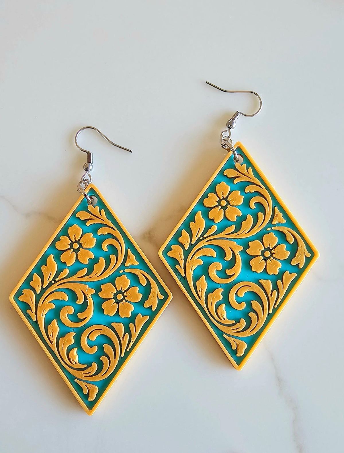 3D Print Western Tooled Mustard Gold on Turquoise Earrings Made in America