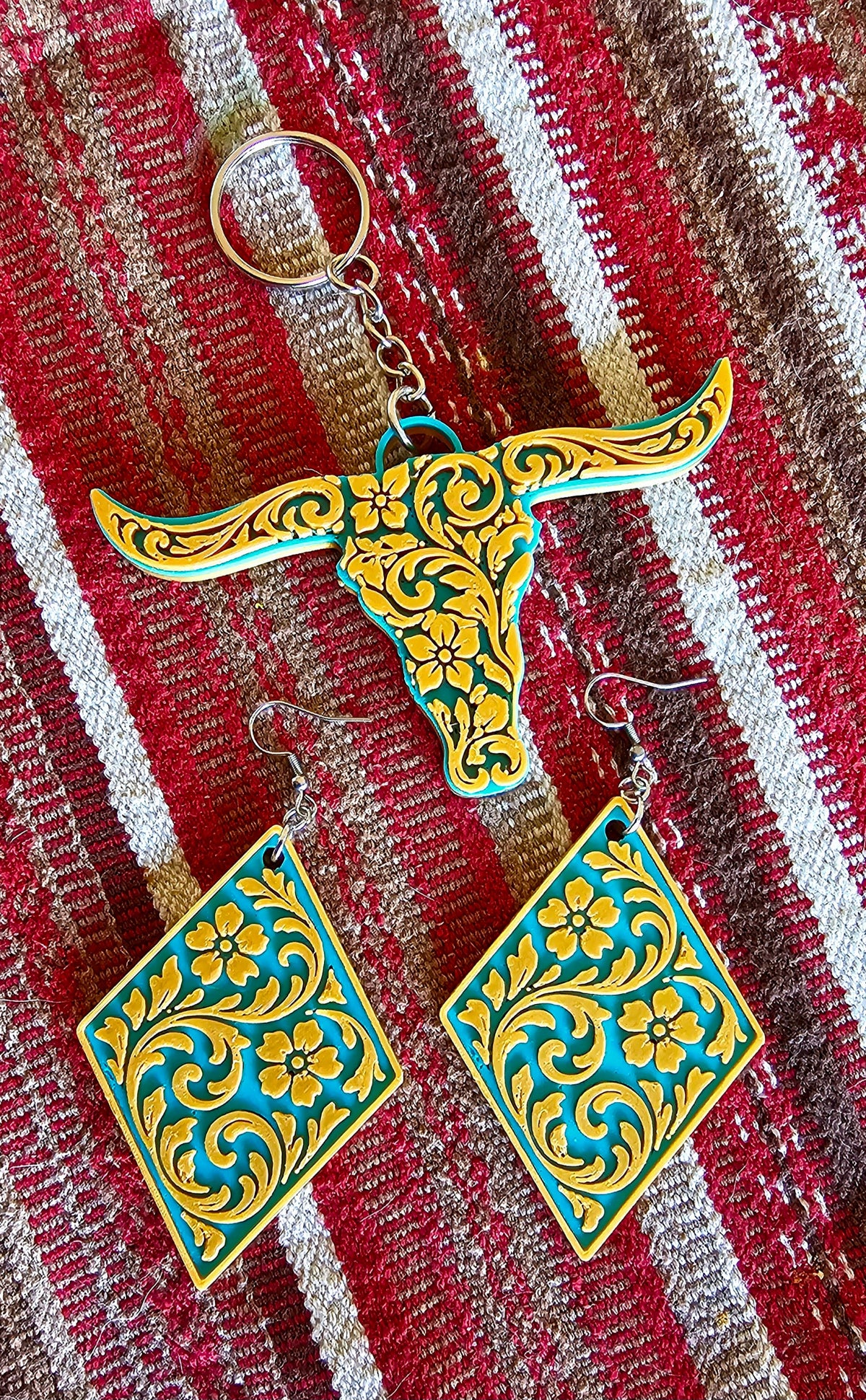 3D Print Western Tooled Mustard Gold on Turquoise Earrings Made in America