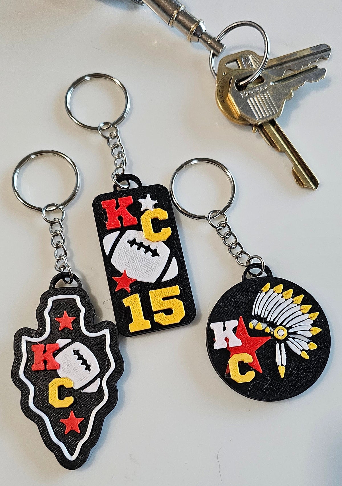 Set of 3 3D Print Chiefs Arrowhead Kc Kansas City 15 Football Keychains Made in America