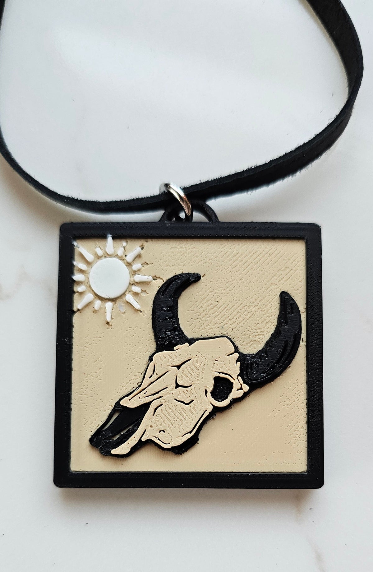 3D Print Picture Necklace on Deerskin Leather Western Bull Skull Desert Cactus Made in America