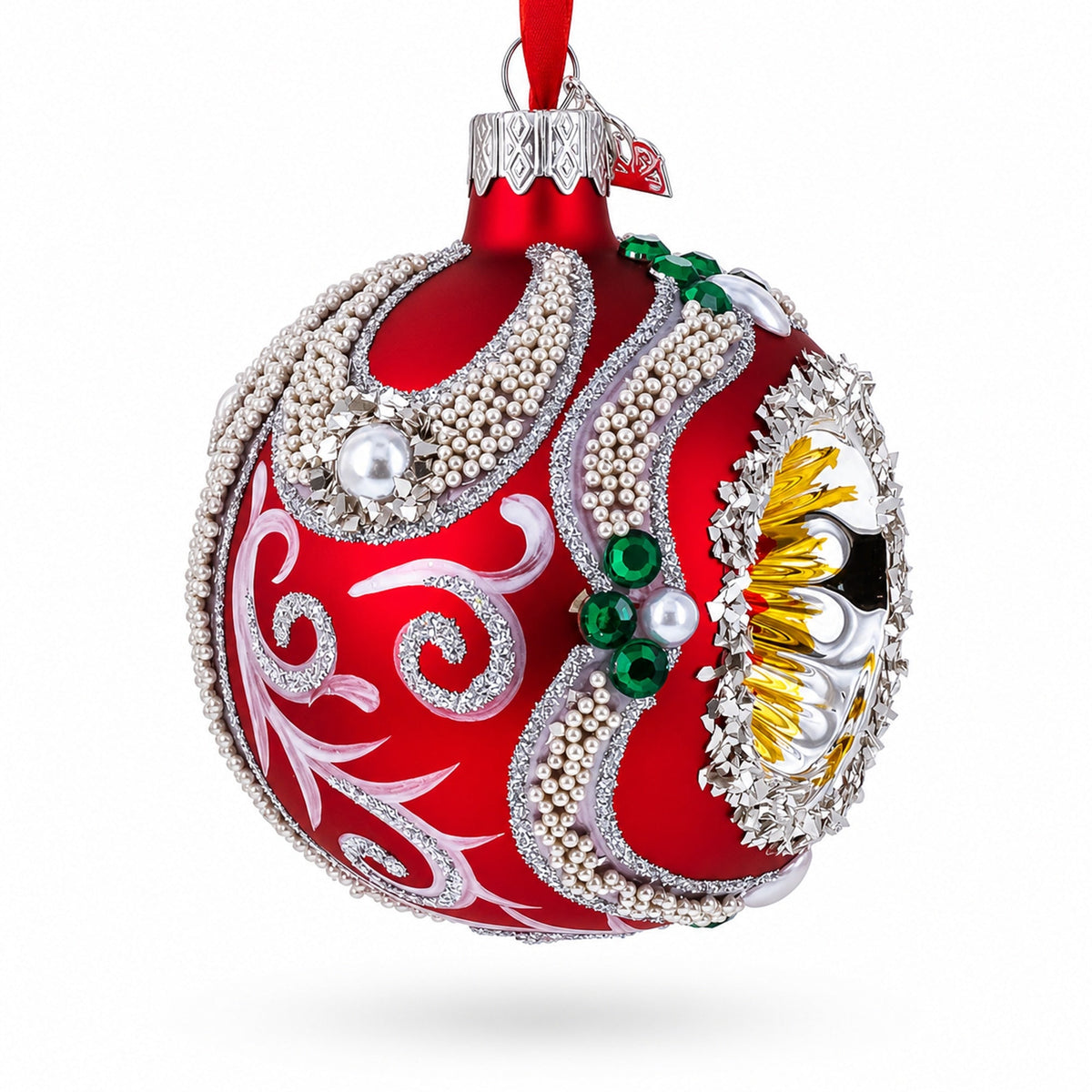 Retro Style Red and Gold Reflector with Glitter, Gems & Indent Center Glass Christmas Ornament
