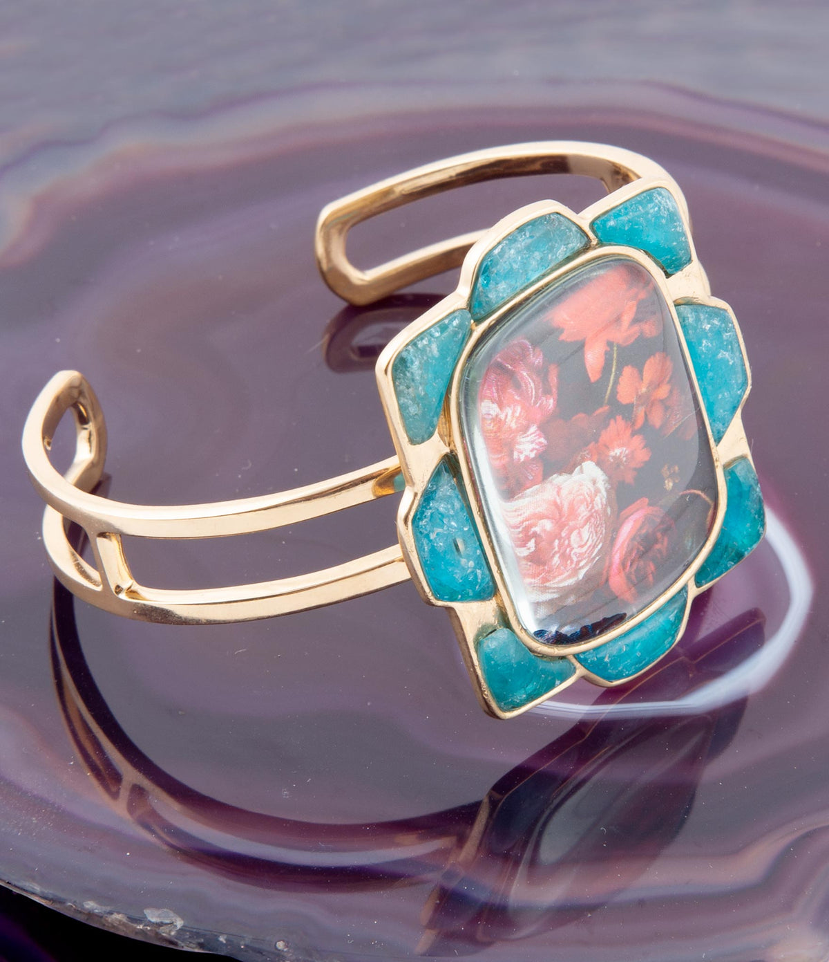 Scenic Red Floral Blue Apatite Golden Cuff Bracelet
