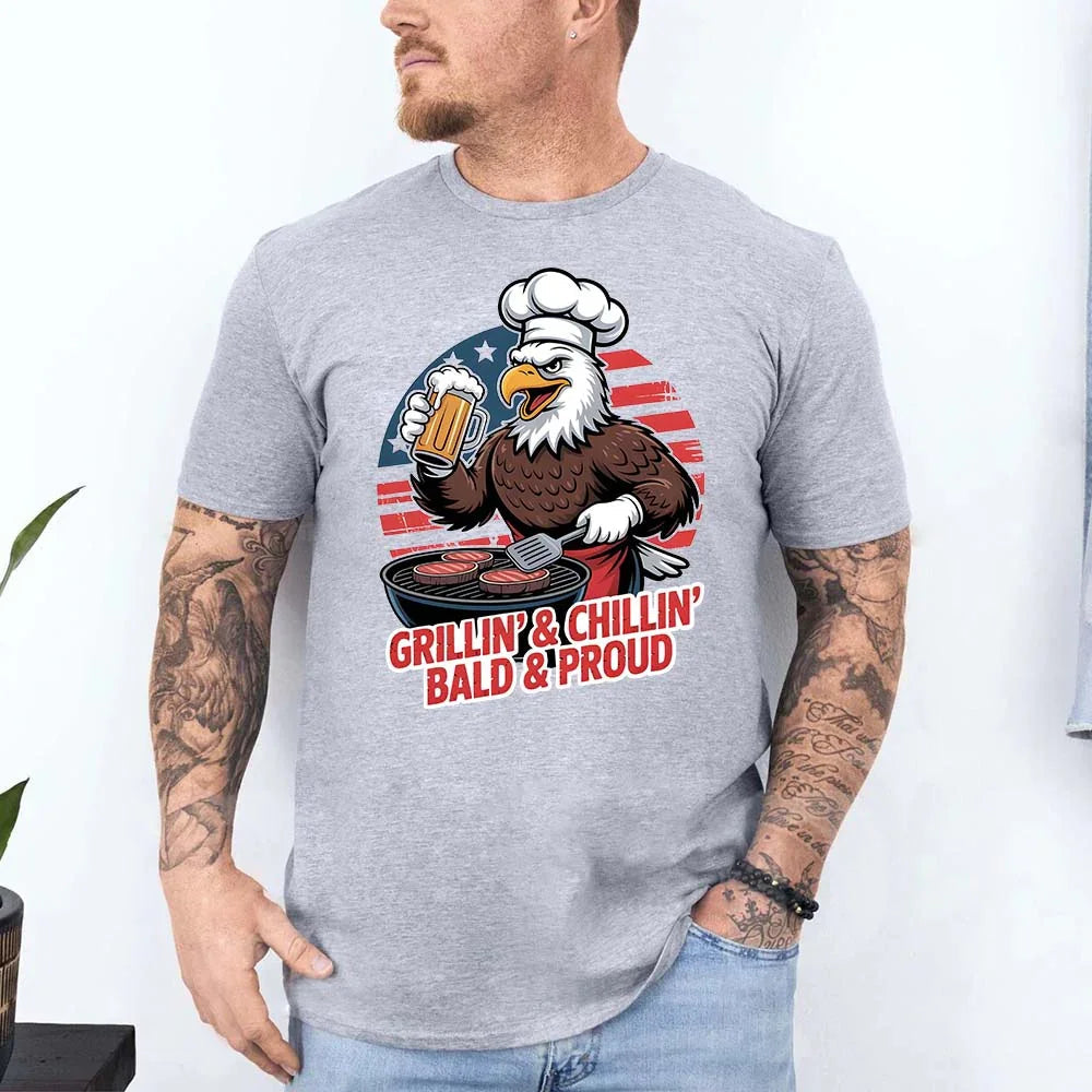 Grillin’ & Chillin’, Bald & Proud T-Shirt – Patriotic Bald Eagle BBQ Vintage Tee