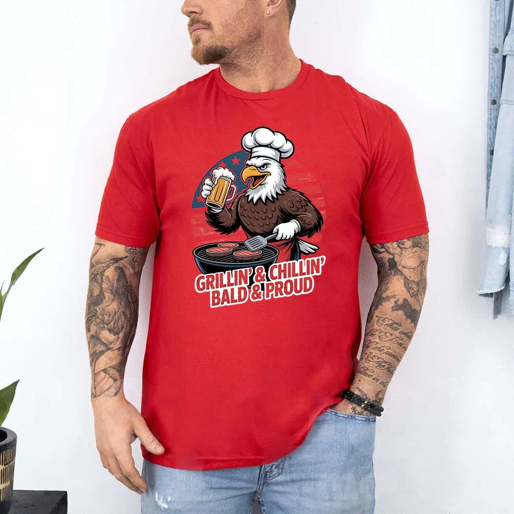 Grillin’ & Chillin’, Bald & Proud T-Shirt – Patriotic Bald Eagle BBQ Vintage Tee