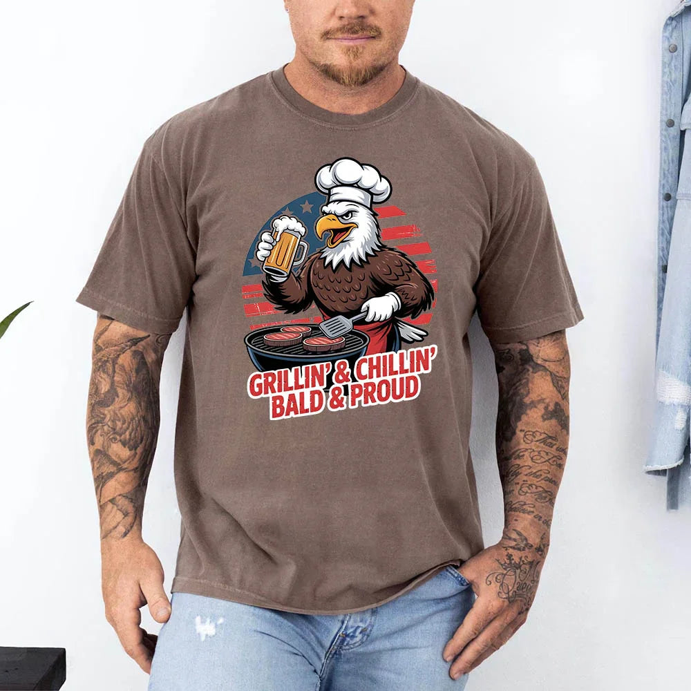 Grillin’ & Chillin’, Bald & Proud T-Shirt – Patriotic Bald Eagle BBQ Vintage Tee