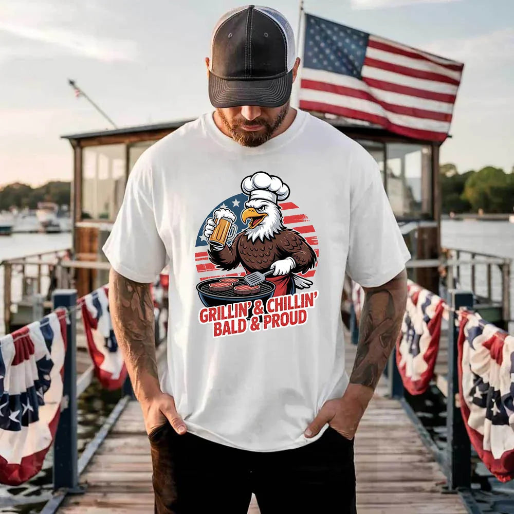 Grillin’ & Chillin’, Bald & Proud T-Shirt – Patriotic Bald Eagle BBQ Vintage Tee