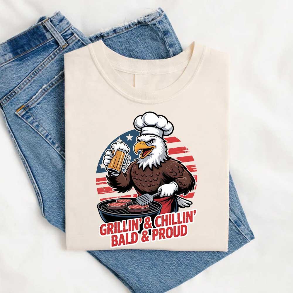 Grillin’ & Chillin’, Bald & Proud T-Shirt – Patriotic Bald Eagle BBQ Vintage Tee