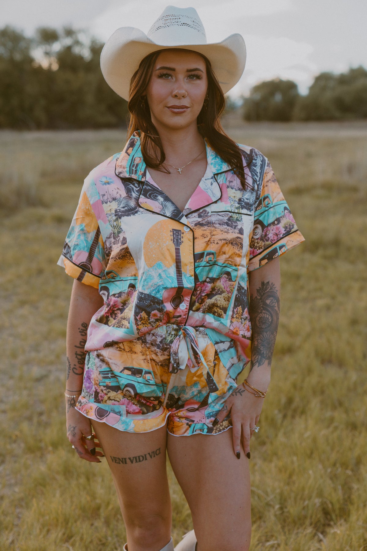 Baha Ranch Retro Pop Western Satin Pajama Set