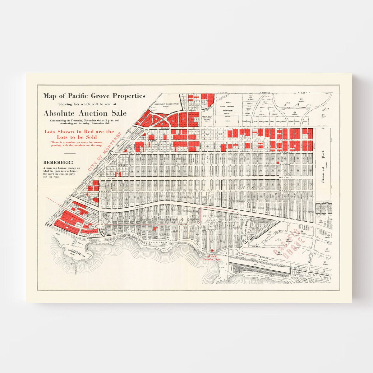 Vintage Map of Pacific Grove, California 1919