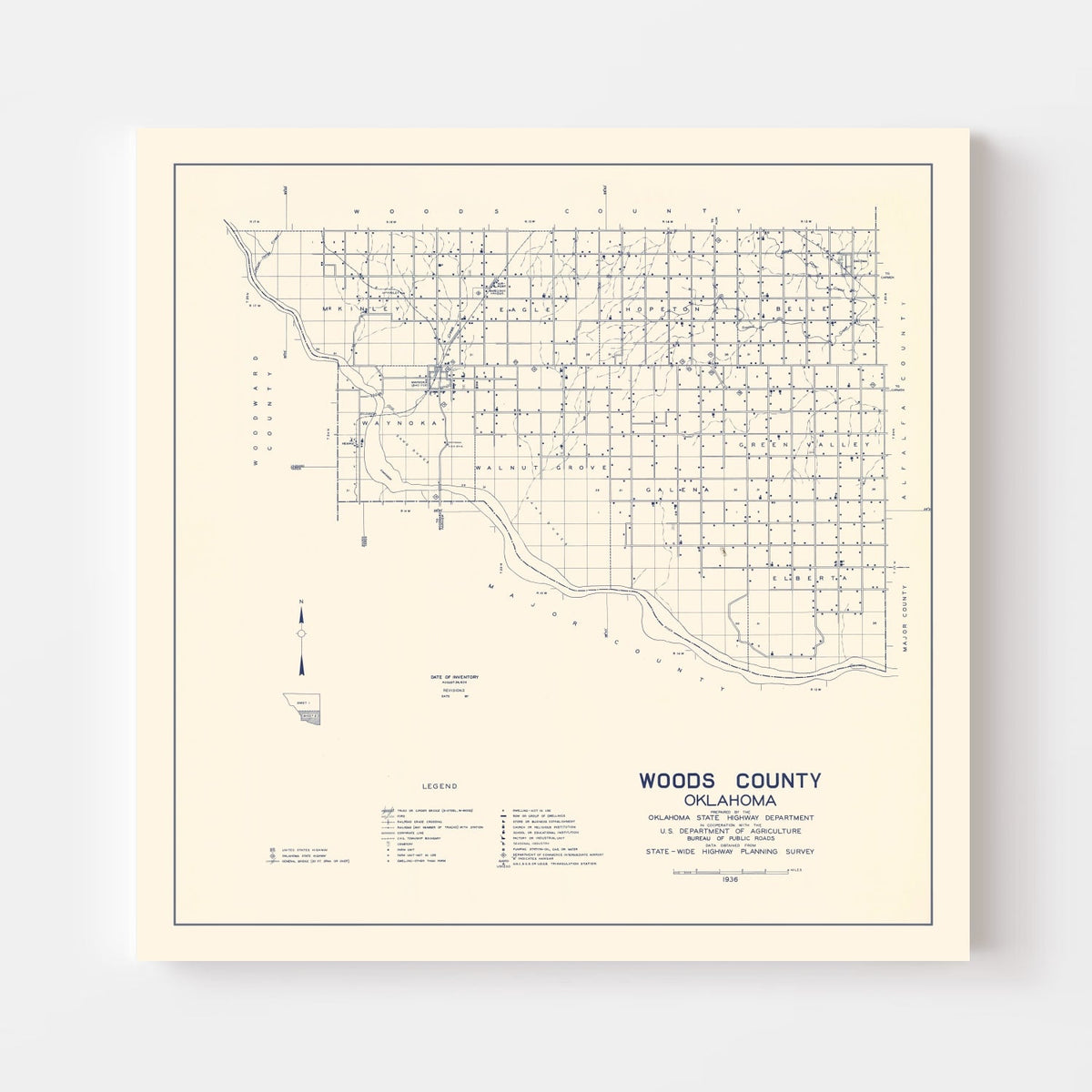 Vintage Map of Woods County, Oklahoma 1936