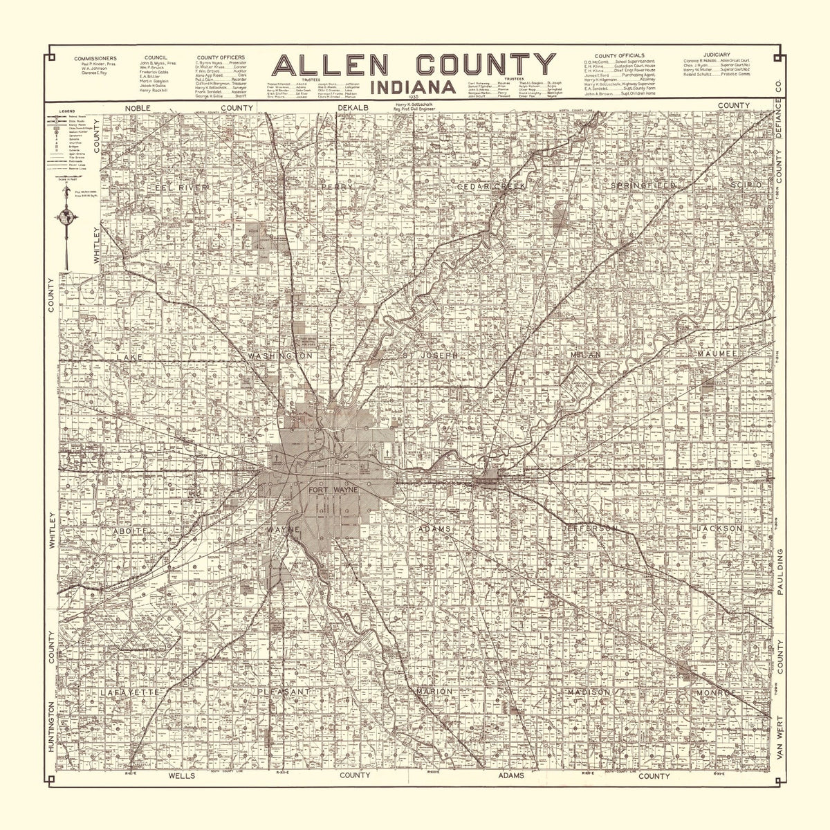 Vintage Map of Allen County, Indiana 1935