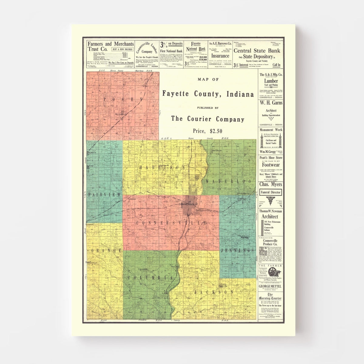 Vintage Map of Fayette County, Indiana 1917