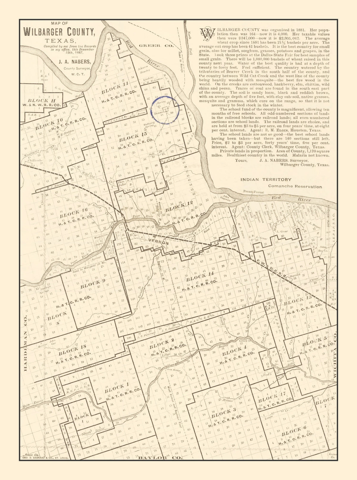 Vintage Map of Wilbarger County, Texas 1887