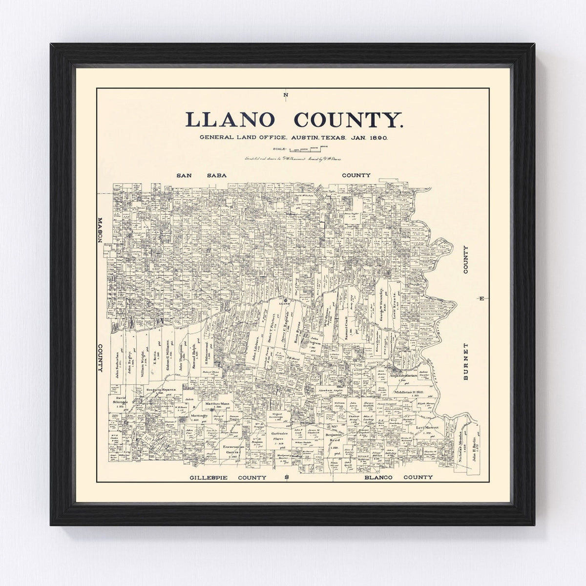 Vintage Map of Llano County, Texas 1890