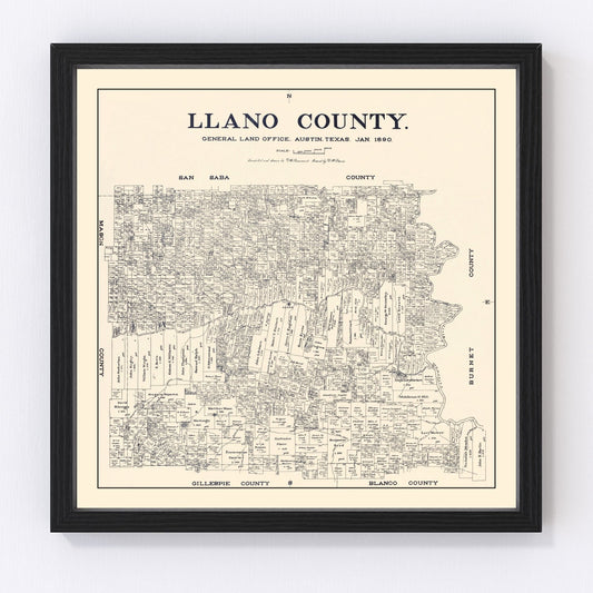 Vintage Map of Llano County, Texas 1890